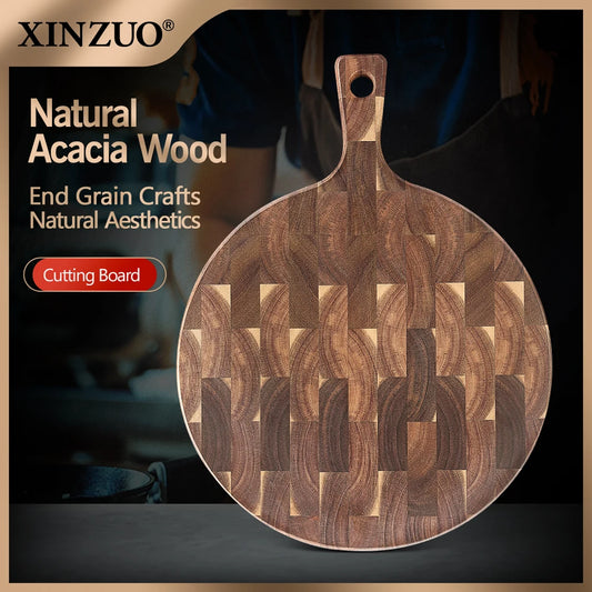 XINZUO Acacia End Grain Cutting Board 42.5x32cm Seamless, Ergonomic Handle Acacia Wood Surface for Heavy-Duty Meat & Vegetable