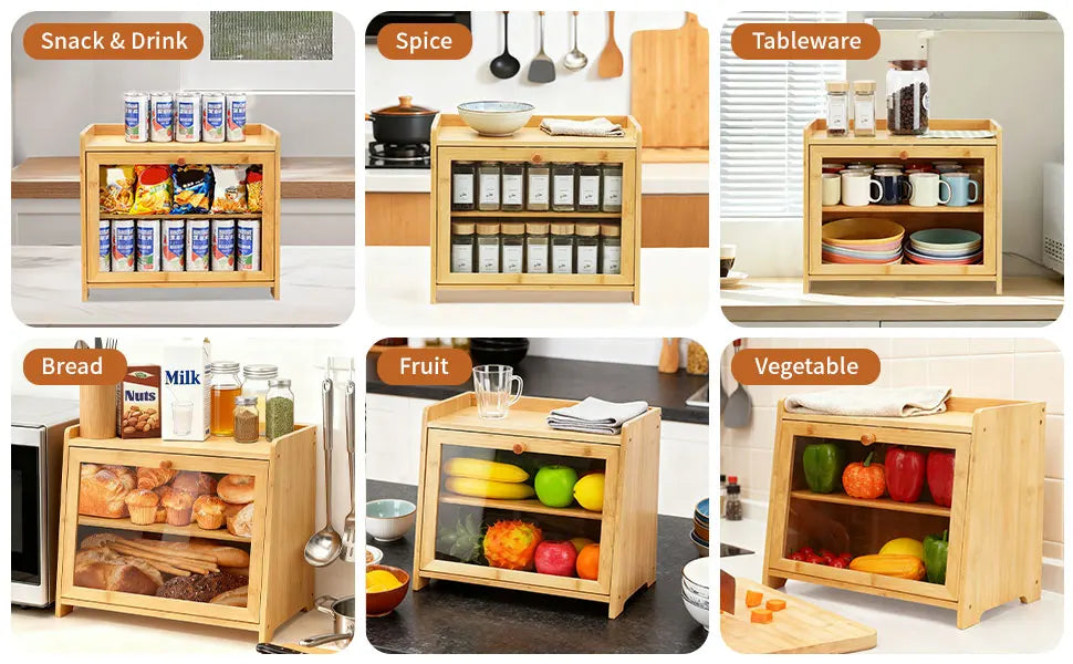 Bamboo Bread Box for Kitchen Countertop(Natural), Double Layer with Window,  Farmhouse Style Large Capacity Storage Container