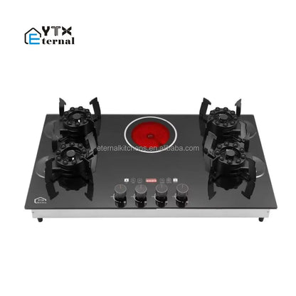 4 Gas 1 Electric Ceramic Hob, Multi-Functional Glass Cooktop, Reversible Burners, Gas Stove for Outdoor RV and Indoor Use