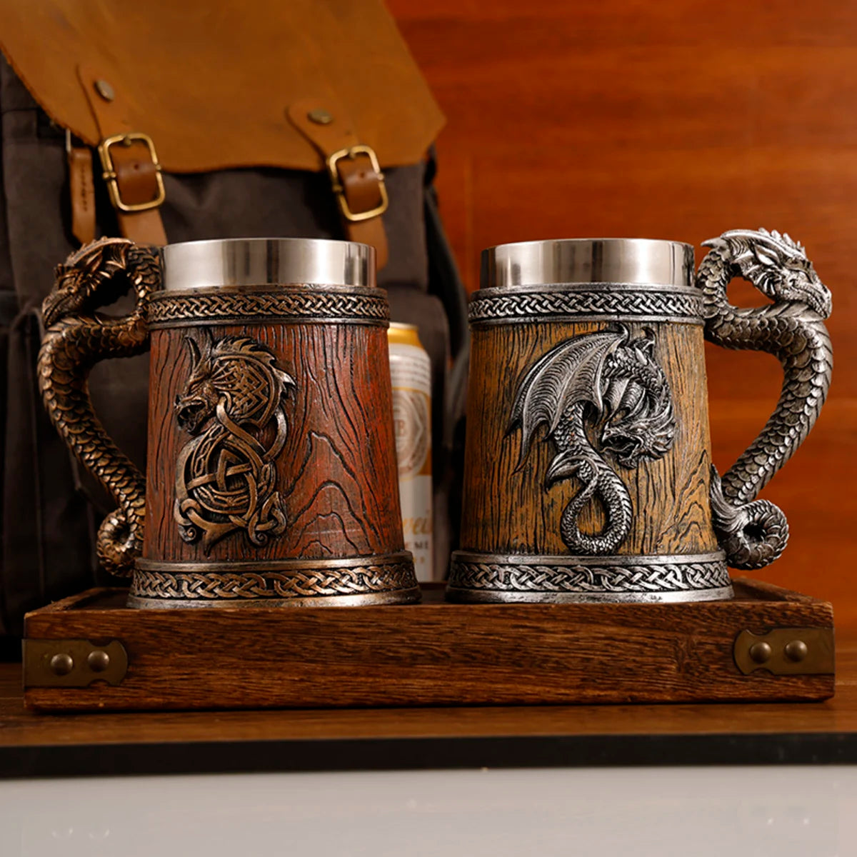 2024 New Medieval Large Dragon Barrel Beer Stein Tankard Coffee Cup Mug Resin Stainless Steel Insert Tankard for Halloween Gift