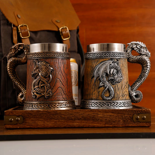 2024 New Medieval Large Dragon Barrel Beer Stein Tankard Coffee Cup Mug Resin Stainless Steel Insert Tankard for Halloween Gift