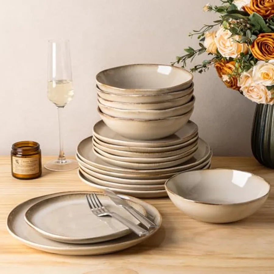 Stoneware Dinnerware Sets for 4 12 Pieces Rustic Ceramic Plates and Bowls Set Handmade Reactive Glaze Plate Sets Highly Chip Re