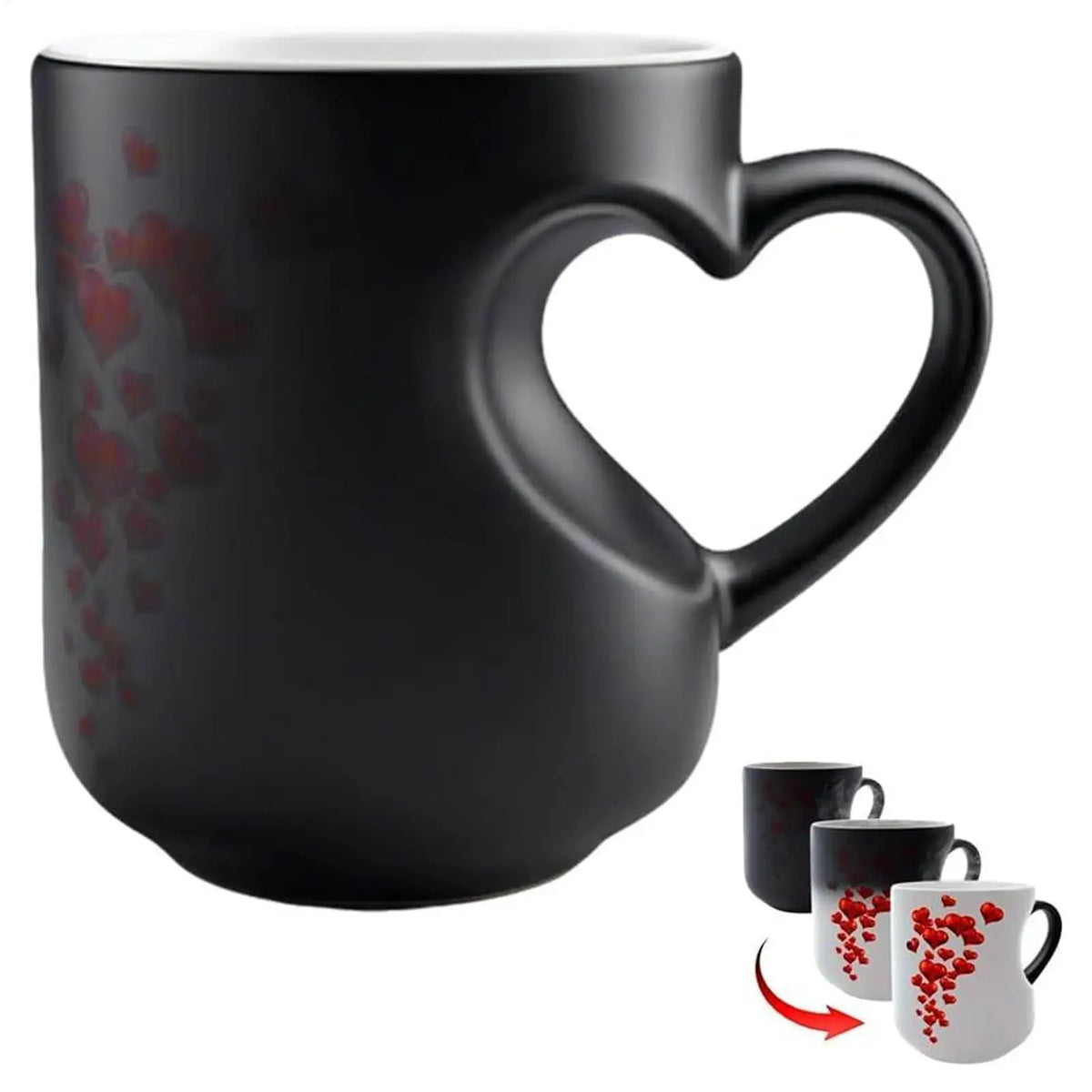 Heat Sensitive Color Changing Magic Mug with Romantic Heart Handle Cute Gift for Birthday Anniversary Valentine's Day Coffee Cup