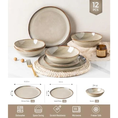 Stoneware Dinnerware Sets for 4 12 Pieces Rustic Ceramic Plates and Bowls Set Handmade Reactive Glaze Plate Sets Highly Chip Re
