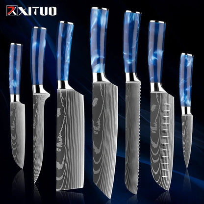 Stainless Steel Chef Knife Kitchen Knife Set 1-8Piece Razor-Sharp Paring Knife, Boning Knife, Santoku Knife, Blue Resin Handle