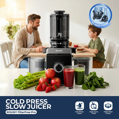 ROUNY Slow Juicer, Cold Press Extractor with Filter-Free, Easy Clean Electric Fruit Juicer Machine with Large Caliber,  Black