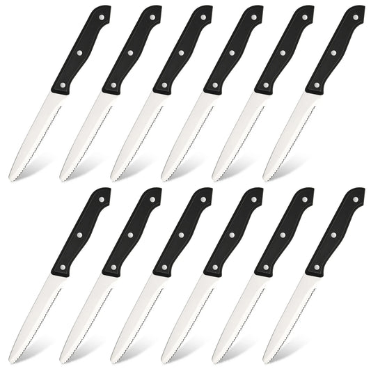 12 Pieces 4.5 Inch Steak Knives Set, Round Tip Serrated Steak Knives with POM Triple Rivets Handle, Dishwasher Safe