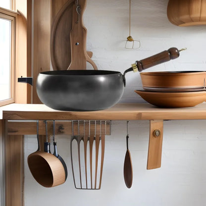 Healthy Hand Forging Cast Iron Pot NonStick Uncoated Frying Pan with Wooden Lid Chinese Wok Induction Cooker Gas