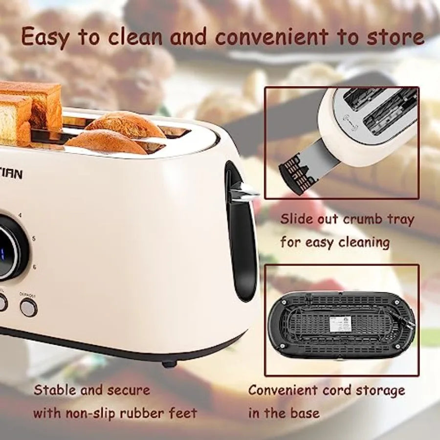 Toaster 4 Slice KOTlAN Retro Long Slot Toasters with CountdownTimer Stainless Steel Toaster Bagel Defrost Reheat Cancel Functio