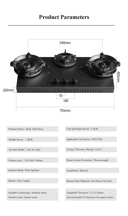 Premium Built-in Gas Cooktop 3-Burner 5.2KW Copper Flame Failure Protection Panel-Ready for Custom Kitchen