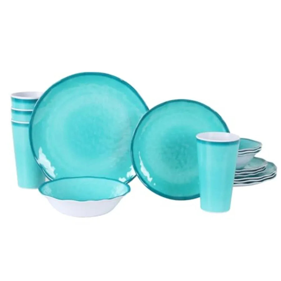Melamine Dinnerware Set for 4-16 Pcs:Camping Dishes Set with Dinner PlatesSalad Plates Bowls and Cups.Lightweight and Unbreakab