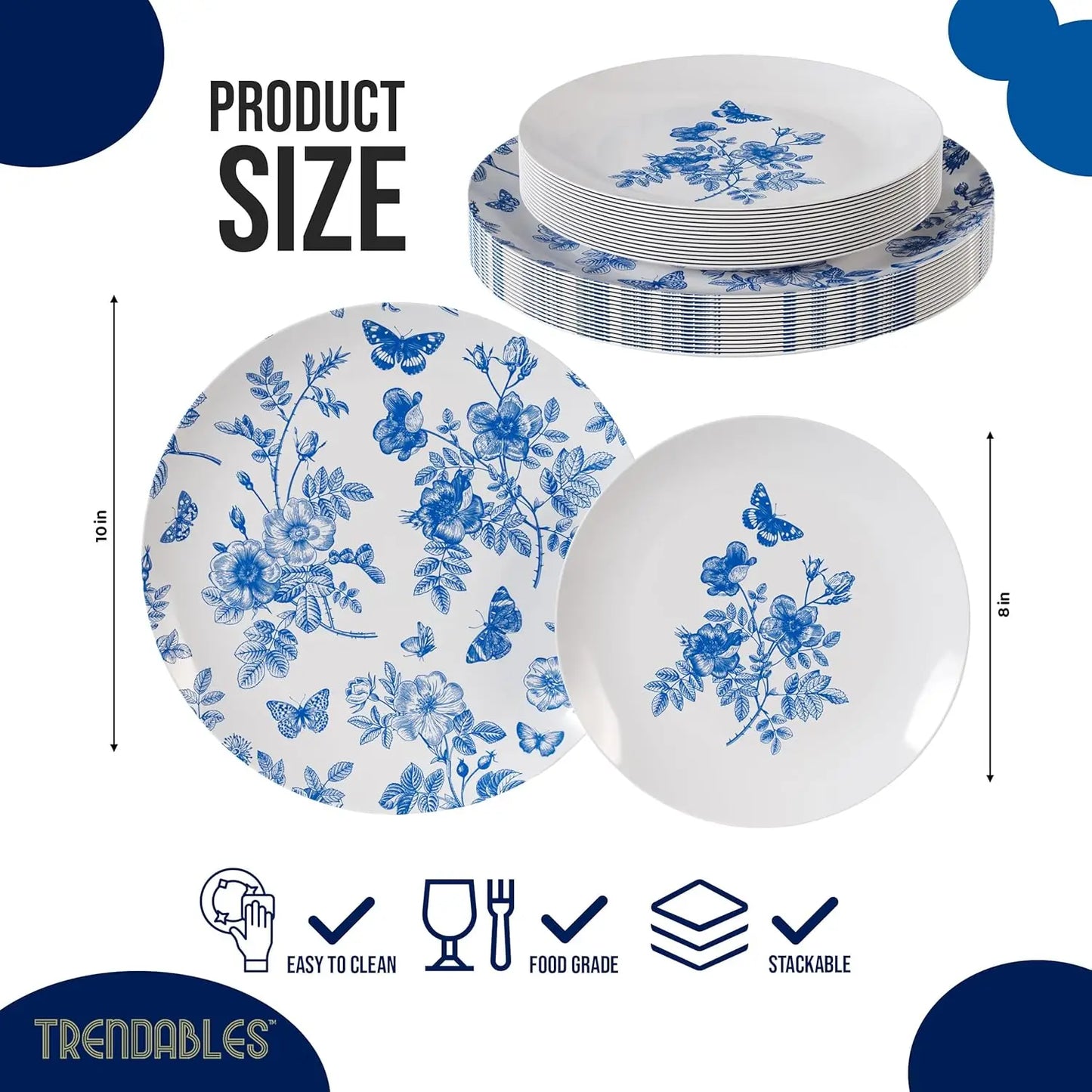 Disposable Plates For Party Supplies | Blue Floral Plastic Plates For Wedding 40 Pcs - 20 X 8 & 20 X 10 Dinner Plate Sets | F
