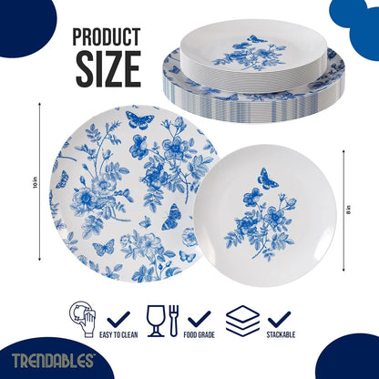 Disposable Plates For Party Supplies | Blue Floral Plastic Plates For Wedding 40 Pcs - 20 X 8 & 20 X 10 Dinner Plate Sets | F