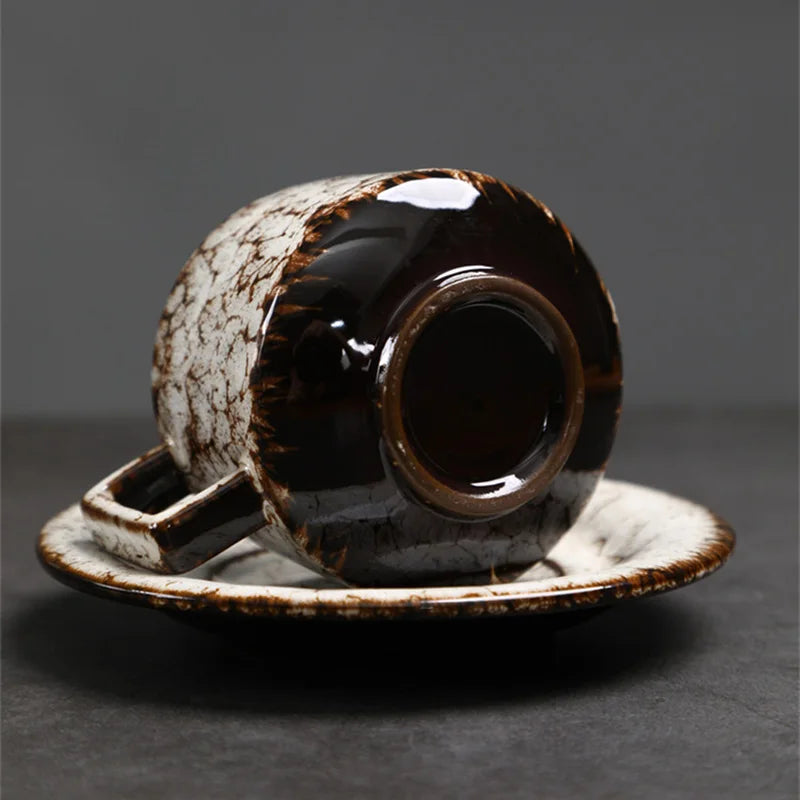 Traditional Arabic Coffee Cup and Dish Set Middle Eastern Style Kiln Transformed Coarse Ceramic Retro Handmade Mug