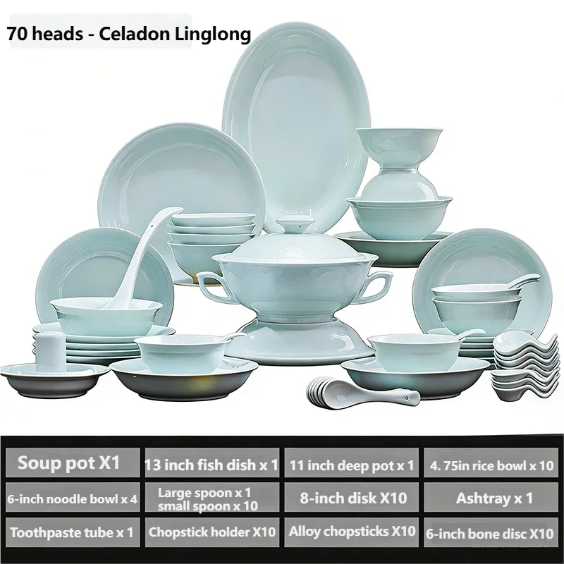 Celadon Dinnerware Set 22/40/70pcs Linglong Ceramics Dish Sets Full Set Luxury China Tableware Set For 4/6/10 Persons Dinner Set