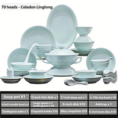 Celadon Dinnerware Set 22/40/70pcs Linglong Ceramics Dish Sets Full Set Luxury China Tableware Set For 4/6/10 Persons Dinner Set