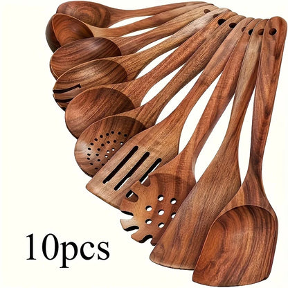 KEMORELA 10PCS Natural Wooden Spoon Set Cooking Utensils for Salad Soup Noodles Kitchen Utensil Kit with Spoons Ladles