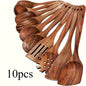 KEMORELA 10PCS Natural Wooden Spoon Set Cooking Utensils for Salad Soup Noodles Kitchen Utensil Kit with Spoons Ladles