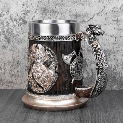 Norse Mythology Odin Thor Mug Tankard 304 Stainless Steel Resin 3D Retro Beer Stein Birthday God of War Lover Gift 600ml 20 oz
