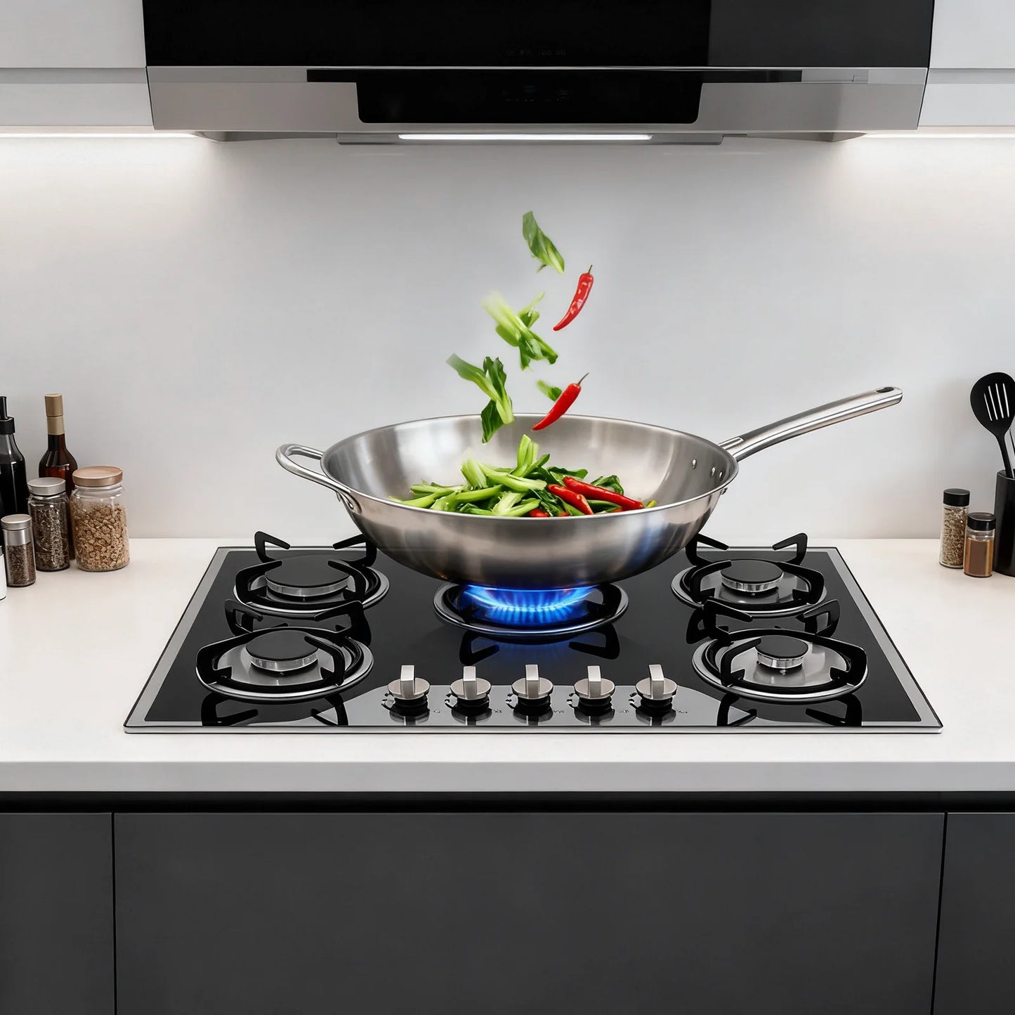 5 Burner Gas Hob Stainless Steel, LPG/NG Convertible Cooktop With 5 Individual Burners, Natural Gas Cooktop With Cast Iron Grates for Kitchen