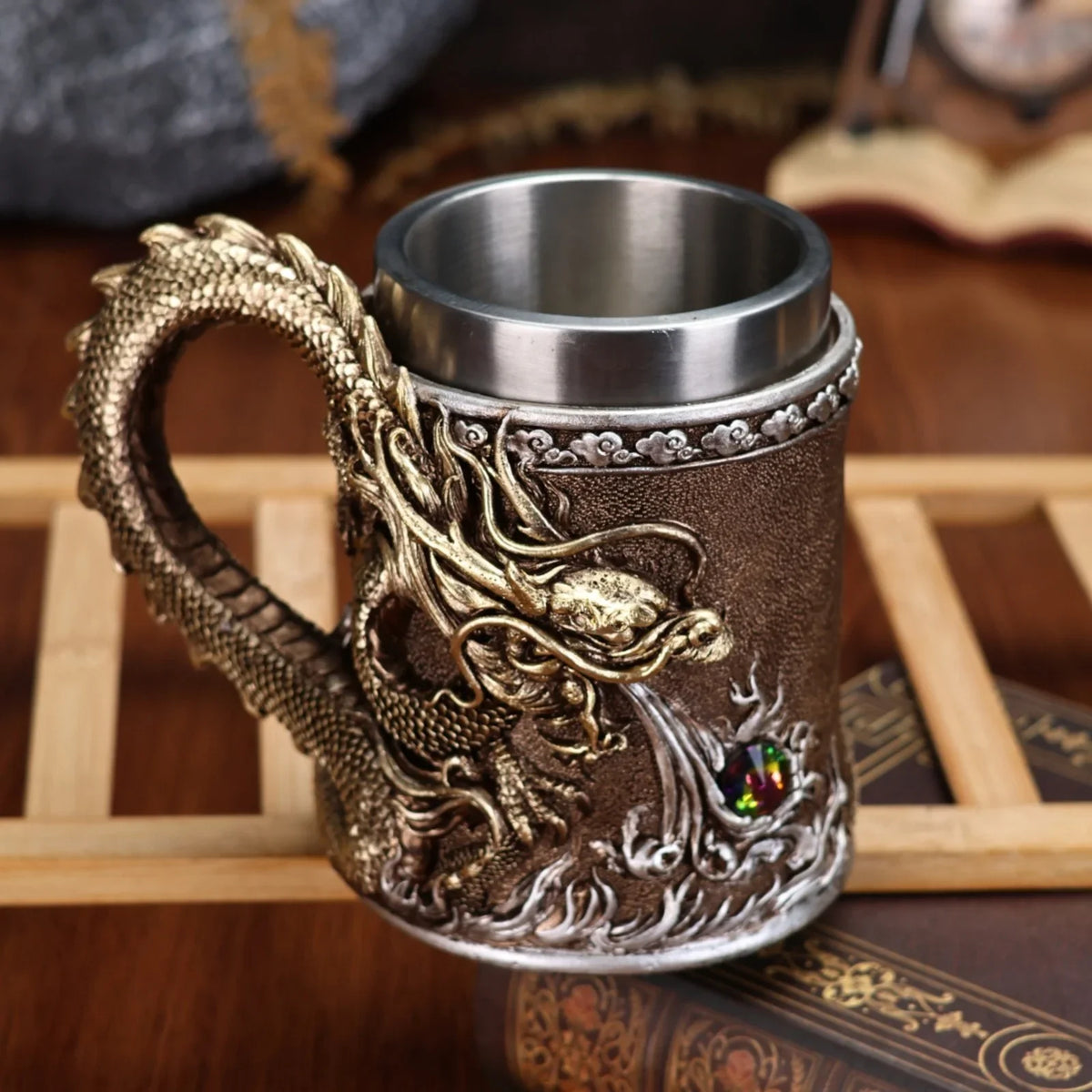 600ML Golden Copper Dragon Beer Resin Tankard 304 Stainless Steel  Medieval Tea Cup Coffee Beer Mug Copper Color New Party Bar
