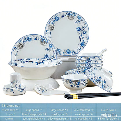 Blue And White Porcelain Tableware Set 18/28/56/30pcs Ceramics Dish Sets Full Set Luxury China Dinnerware Set For 4/6/10 Persons