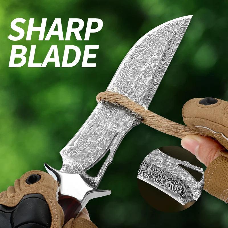 Damascus advanced straight knife, fixed blade, wooden handle and leather scabbard, easy to carry, fast cutting, loved by men