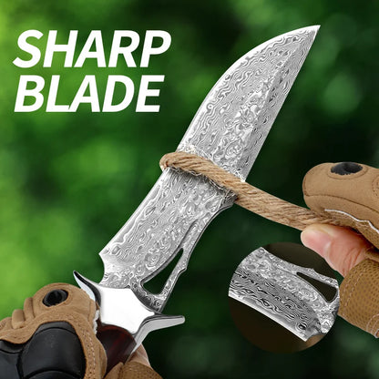 Damascus advanced straight knife, fixed blade, wooden handle and leather scabbard, easy to carry, fast cutting, loved by men
