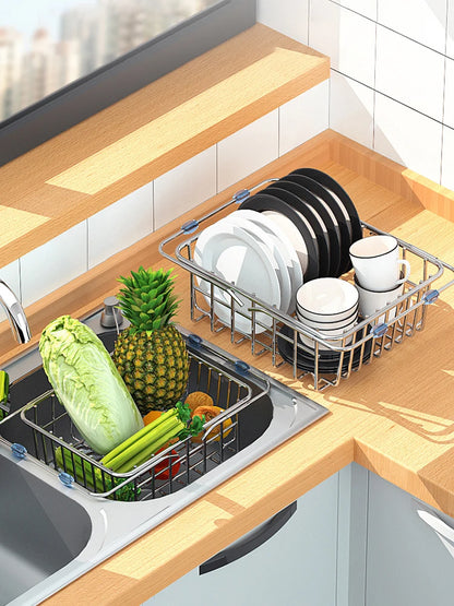 Stainless Steel Telescopic Sink Drain Rack Non-Slip Dish Drying Kitchen Bathroom Countertop Organizer Rack for Household Use