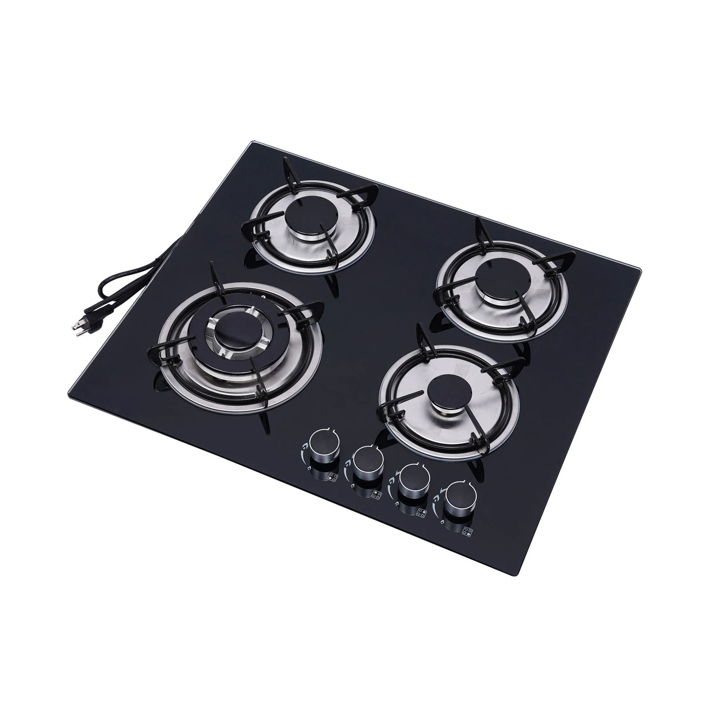 4 Burners LPG Gas Cooktop Black Tempered Glass Panel Cast Iron Stainless Steel Construction Polishing Process Built In Installation US Standard Plug 110V 2800Pa Working Pressure Four Multi Power Burners Household Commercial G
