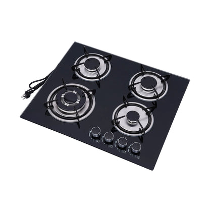 4 Burners LPG Gas Cooktop Black Tempered Glass Panel Cast Iron Stainless Steel Construction Polishing Process Built In Installation US Standard Plug 110V 2800Pa Working Pressure Four Multi Power Burners Household Commercial G