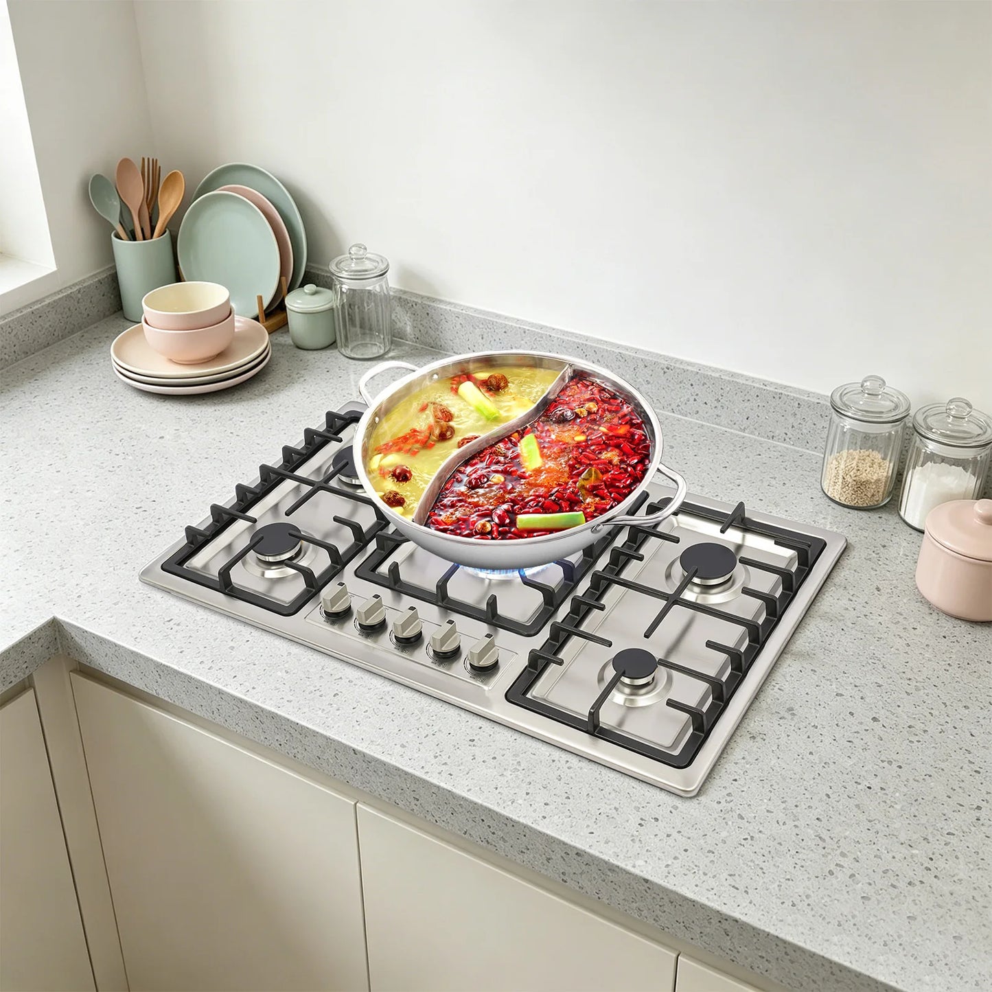 5 Burner Gas Cooktop 5 Burner Gas Stove 201 Stainless Steel Cast Iron Zinc Alloy Enamel Dual Countertop Drop-in NG Gas Hob Pulse Ignition Flame Failure Protection Independent Knob Easy Clean Home Hotel Restaurant Kitchen