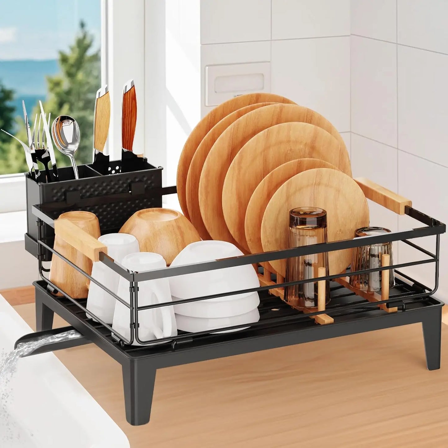Upgrade Dish Racks for Kitchen Counter Carbon Steel Dish Drainer with Removable Cutlery Holder & Drainboard, White