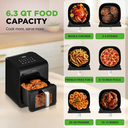 Large 6.3 Quart Air Fryer, 12 Preset Functions with Tenderizing, Digital Display & Transparent Window