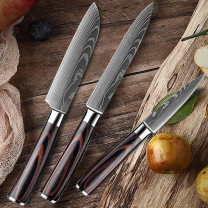 WXCOO 1~3 Pcs Knife Kitchen Utility Damascus Laser Santoku Japanese Chef Cleaver Slicing Wooden Handle Kitchen Accessories