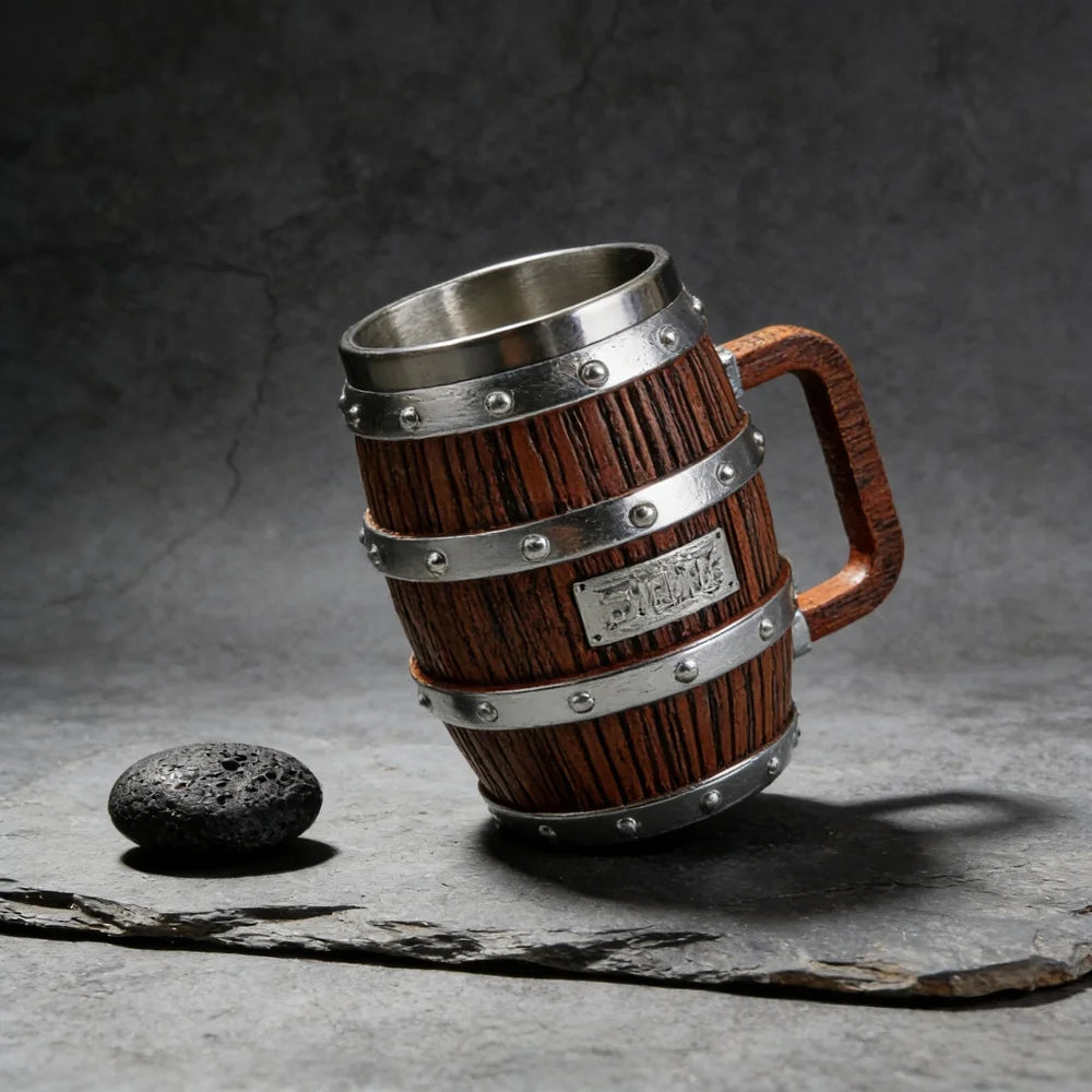 1:1 Luffy Zoro Beer Barrel Cup Resin Statue Stainless Steel Mug Medieval Tavern Wood Imitation Barrel Tankard Beer Mug Fan Gift