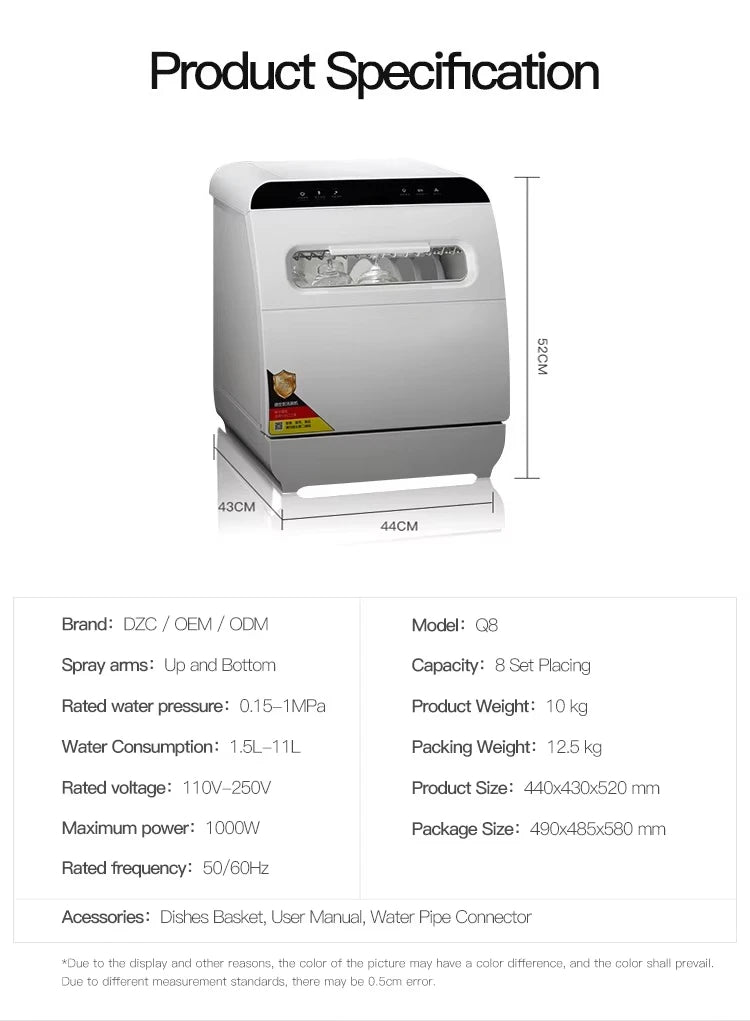 Deshi Countertop Automatic Dishwasher Model Q8 1000W Large Capacity 8 Place Settings Dual Top-and-bottom Spray Arms Smart