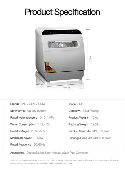 Deshi Countertop Automatic Dishwasher Model Q8 1000W Large Capacity 8 Place Settings Dual Top-and-bottom Spray Arms Smart