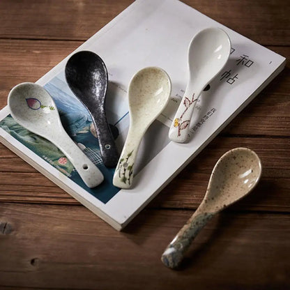 Japanese-style Ceramic Mixing Spoons Stir Soup Spoons Kitchen Utensil Tableware Cutlery Adults Kids Dinnerware