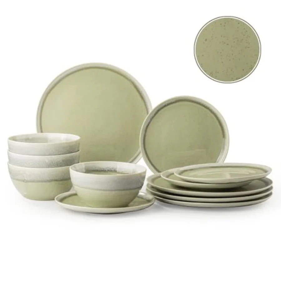 Plates and Bowls Sets 12 Pieces Dinnerware Sets for Kitchen Reactive Glaze Dishes Set for 4 Dishwasher and Microwave Safe Serie