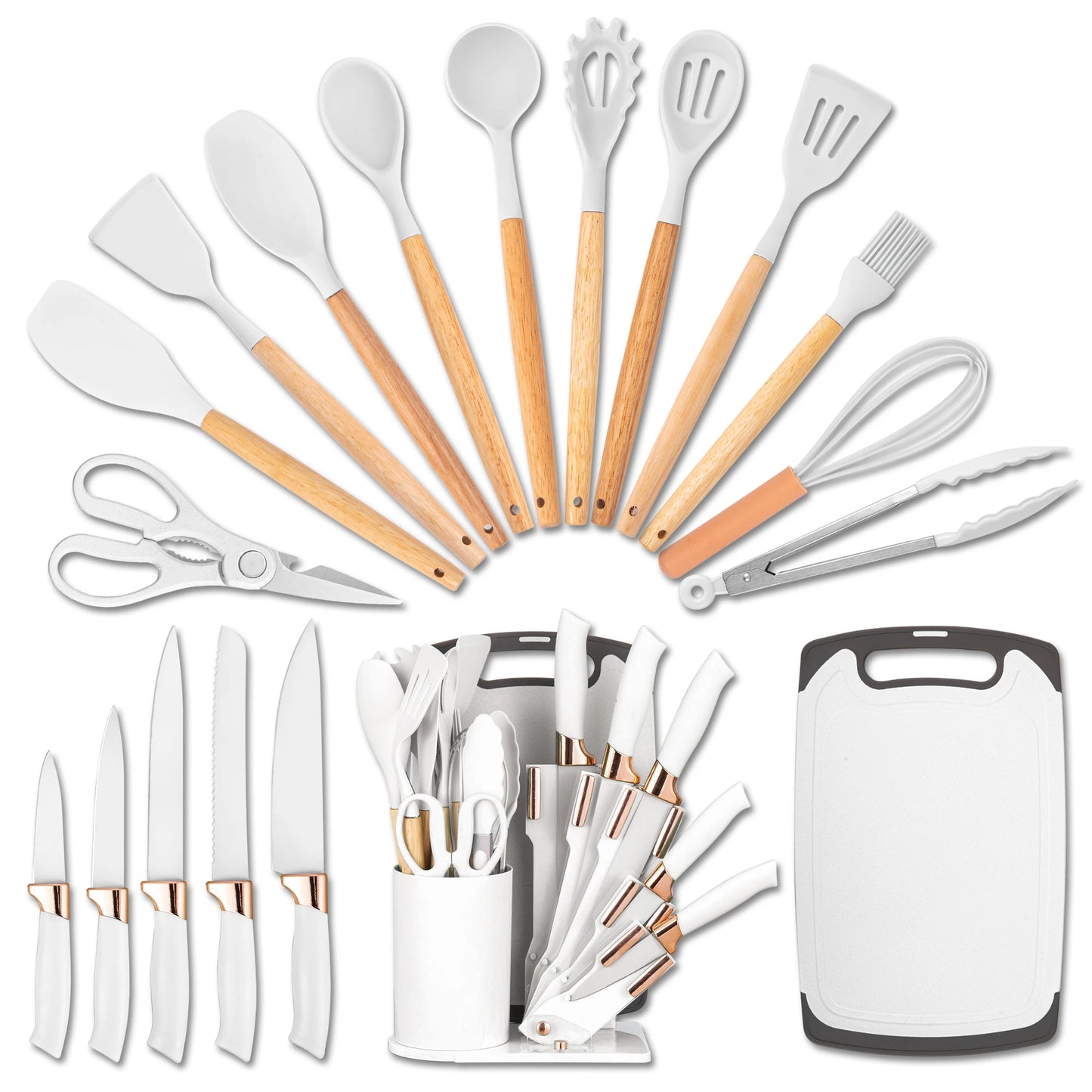 19Pcs Professional Kitchen Knife Set with Silicone Cooking Utensils & CuttingBoard, High Carbon Stainless Steel Chef Knives.