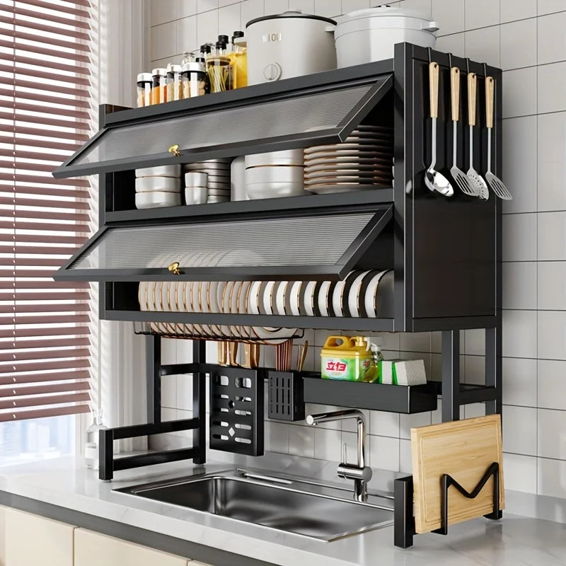 Dish Rack Kitchen Carbon Steel Over Sink Organizer Dustproof Multi Compartment Easy Mount Sink Storage Space