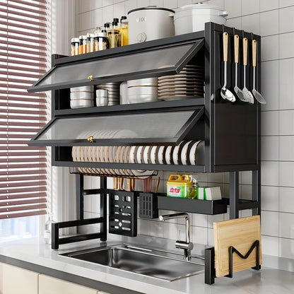 Dish Rack Kitchen Carbon Steel Over Sink Organizer Dustproof Multi Compartment Easy Mount Sink Storage Space