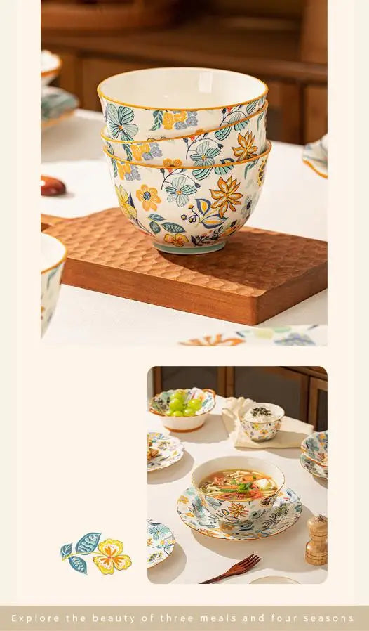 LingAo-Japanese Country Style Ceramic Tableware Set of Plates and Bowls with Underglaze Colors