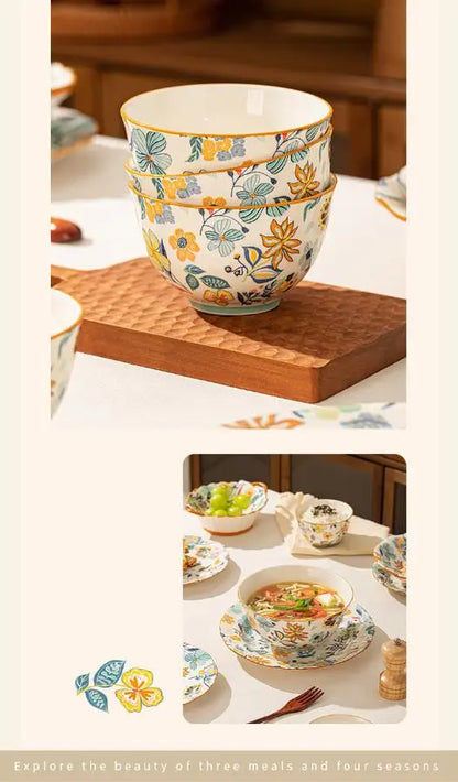 LingAo-Japanese Country Style Ceramic Tableware Set of Plates and Bowls with Underglaze Colors