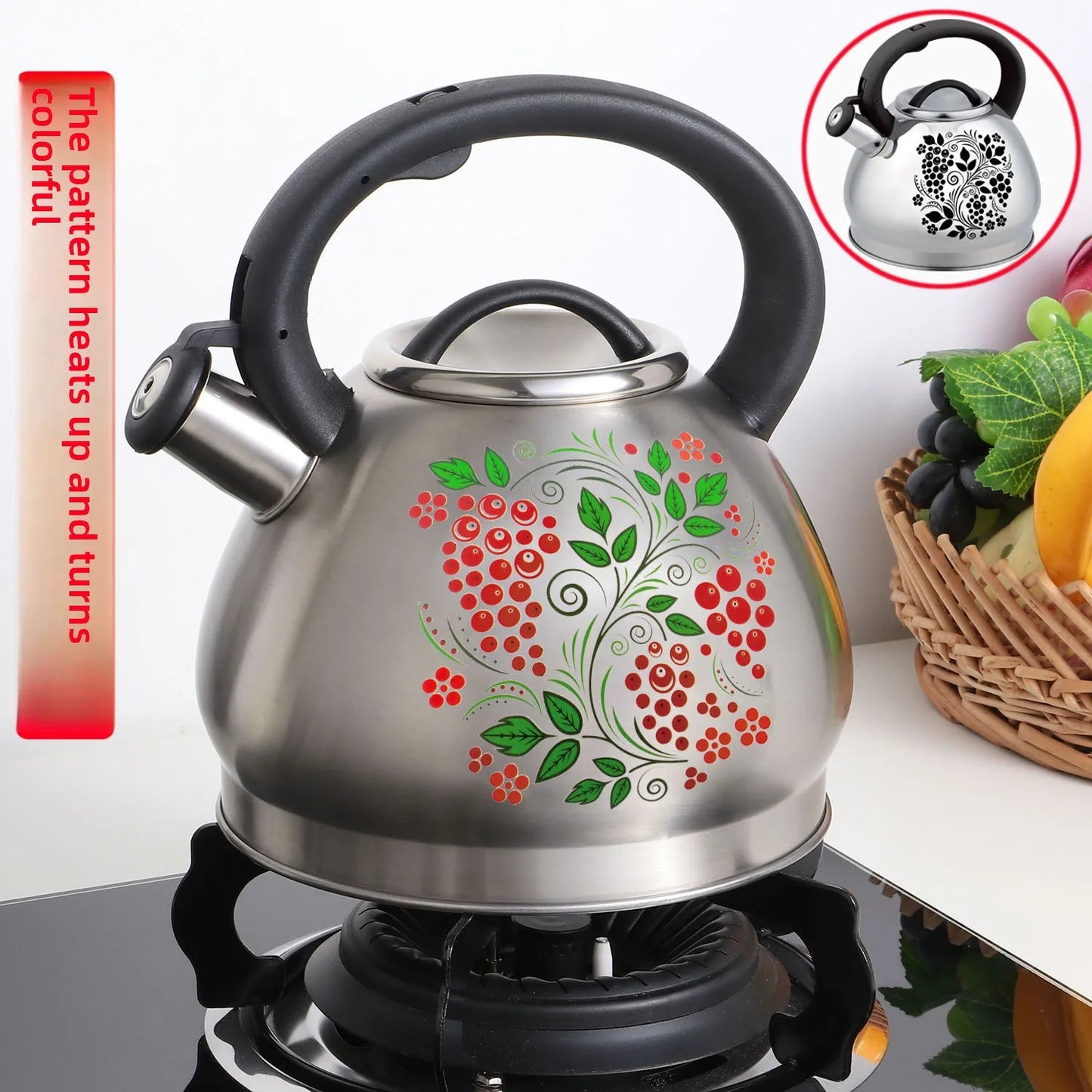 3L Color-Changing Flower Whistling Kettle, Stainless Steel Visual Alert When Water Boils, for Induction & Gas
