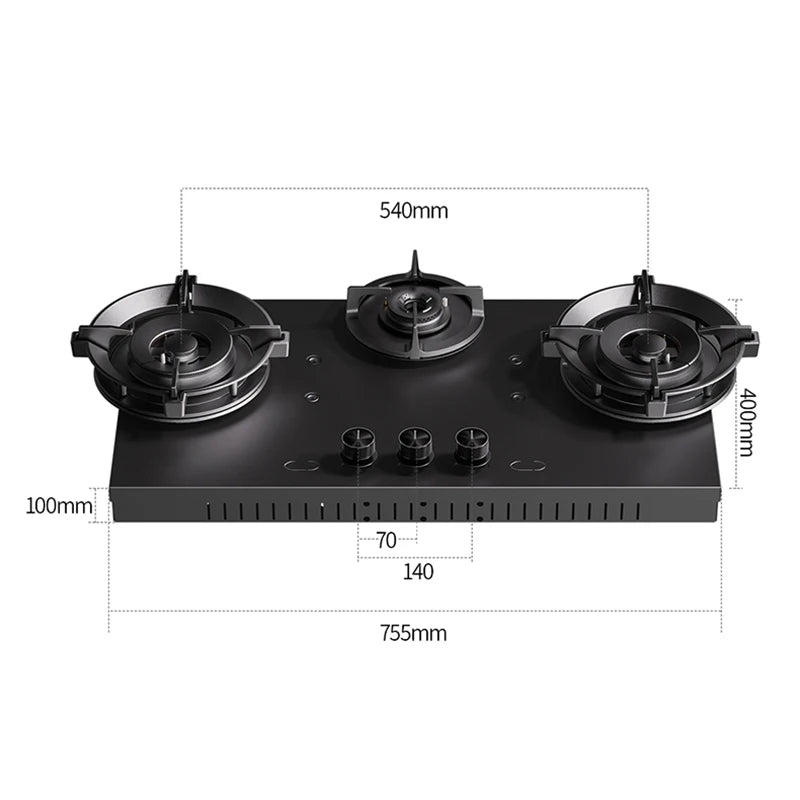 Premium Built-in Gas Cooktop 3-Burner 5.2KW Copper Flame Failure Protection Panel-Ready for Custom Kitchen