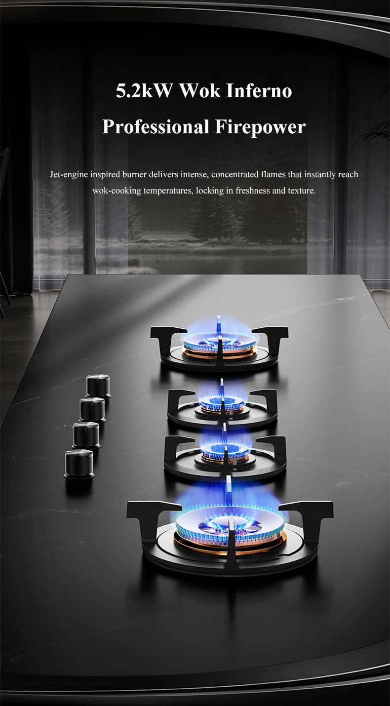 Premium Built-in  Cooktop 4-Burner 5.2KW Copper Flame Failure Protection Panel-Ready for  Kitchen