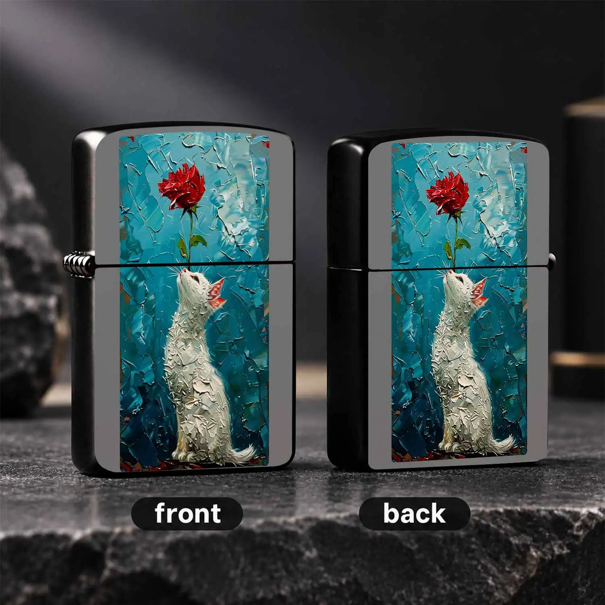 Creative Impasto Style White Cat With Red Rose Pattern Lighter, Exquisite Artistic Portable Daily Companion, Trendy Aesthetic Versatile Item For Home Display, Travel Carry, Gifting To Friends And Family For All Occasion A Hum