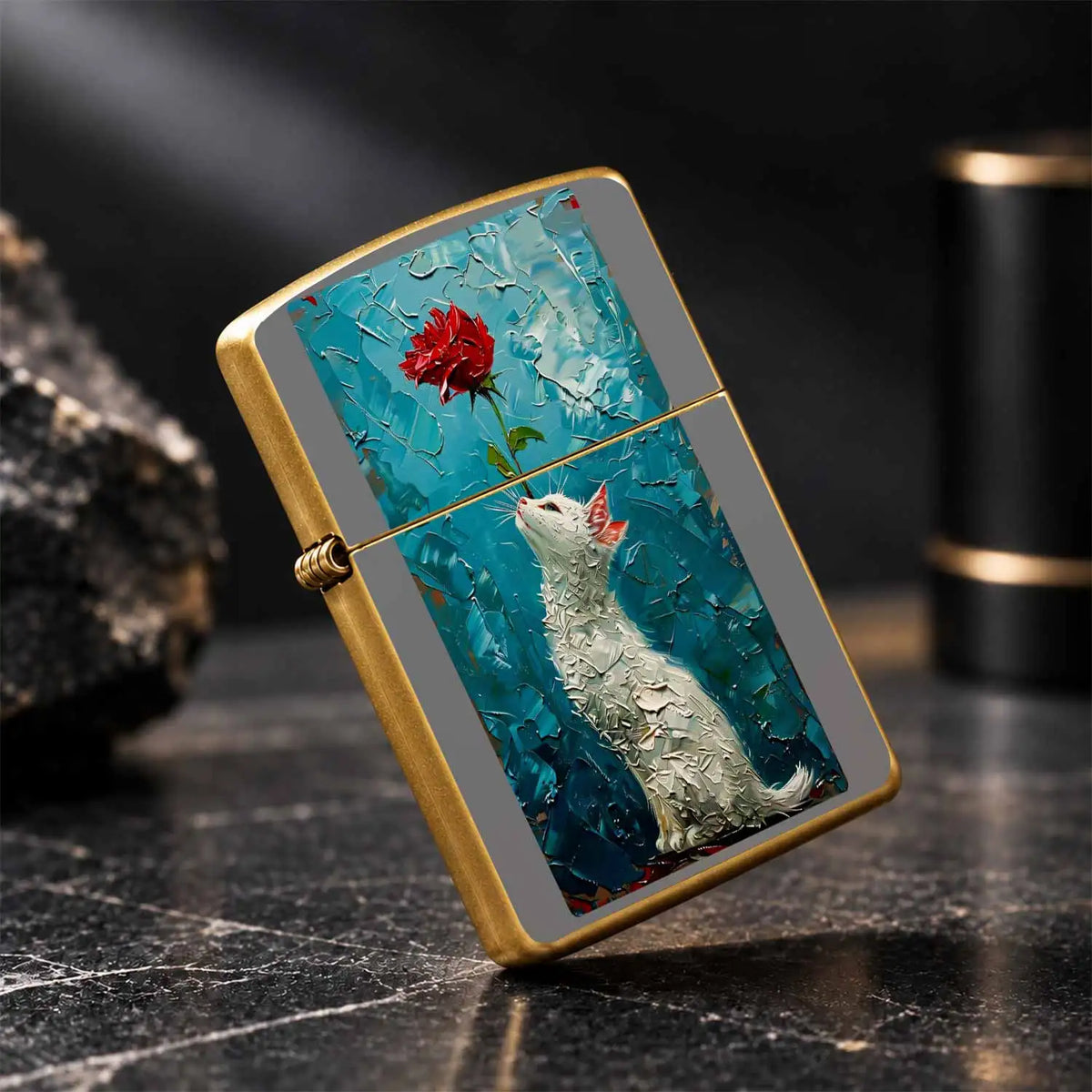 Creative Impasto Style White Cat With Red Rose Pattern Lighter, Exquisite Artistic Portable Daily Companion, Trendy Aesthetic Versatile Item For Home Display, Travel Carry, Gifting To Friends And Family For All Occasion A Hum
